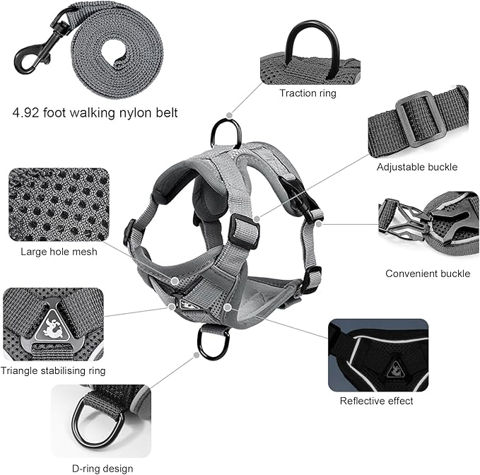 Escape Proof Cat Harness and Leash Set for All Types of Cats - Adjustable Reflective Soft Mesh Vest with 4 Buckles, Breathable Walking Harness for Kittens to XL Cats