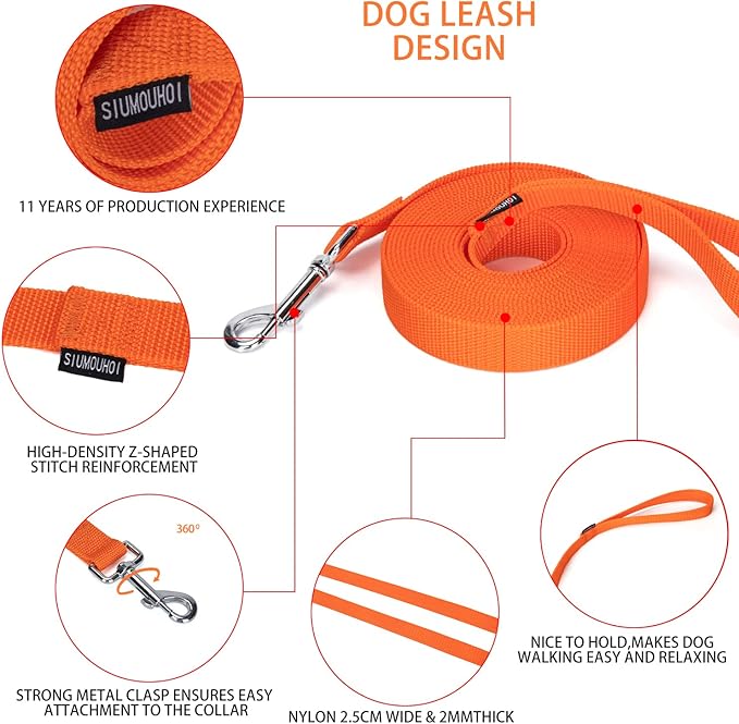 Strong Durable 15ft Nylon Dog Training Leash, 1 Inch Wide Traction Rope, for Small and Medium Dog (Orange, 15 Feet)