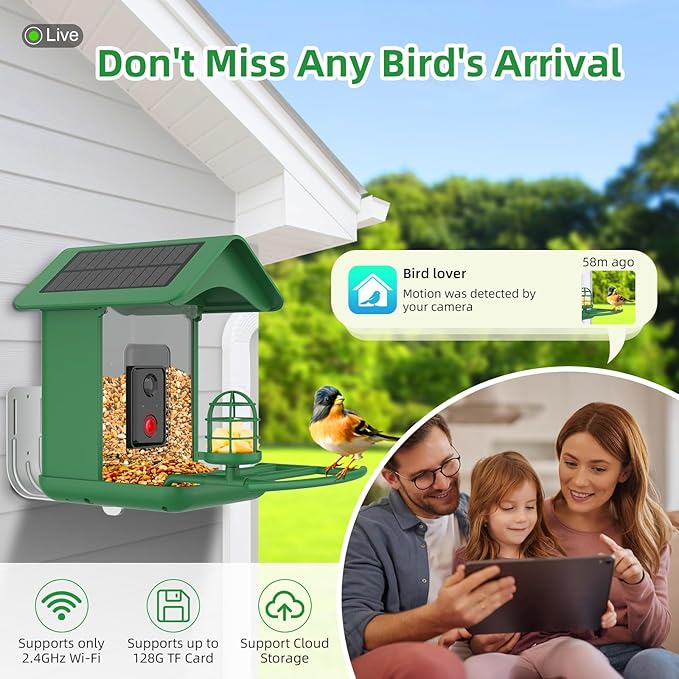 Smart Bird Feeder with Camera Solar Powered,AI Species Identify,2K HD Auto Capture Video,Instant Arrival Alerts,2L Large Capacity,IP65 Waterproof,Hummingbird Feeders for Outdoors,Gift for BirdLovers