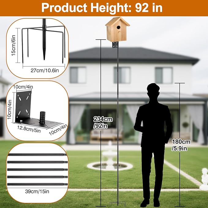 Bird Feeder Pole,92'' Bird House Pole Mount with 5-Prong Base,Adjustable Hummingbird Feeder Stand for Birds Watching,Weather Station,Heavy-Duty Rustproof Metal Mounting Kit