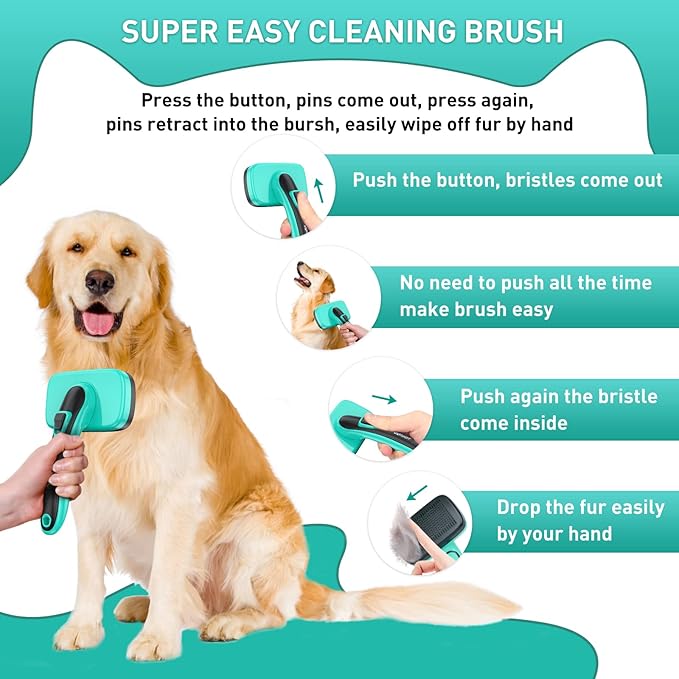 Dog Brush Kit for Grooming Short Long Haired Cats, 3 in 1 Dog Grooming Set for Small Animals, Puppy Self-Cleaning Slicker Brush for Shedding Medium & Large Dogs. Free Pet Comb + Nail Clippers