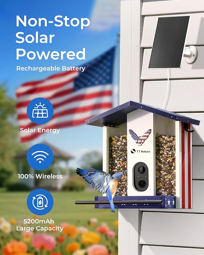 TT Nature Bird Feeder with Camera, Solar Powered Smart Birdhouse Cam with Auto Capture & Bird Identify, Instant Real-time Notifications, 1080P Cam, Gift for Outdoor Birdwatching, Flag Style