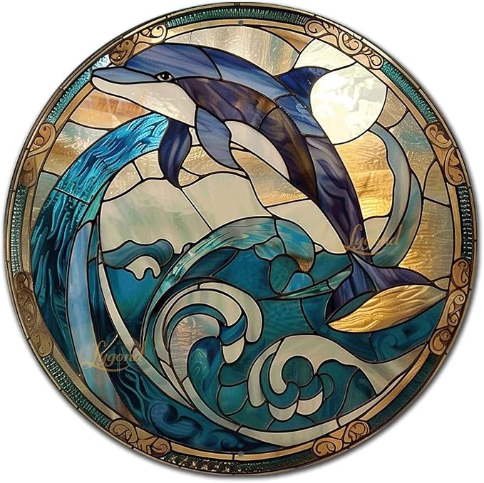 Lygond Metal Tin Stained Glass Dolphin Sign - 1212 Inches for Garden or Gift