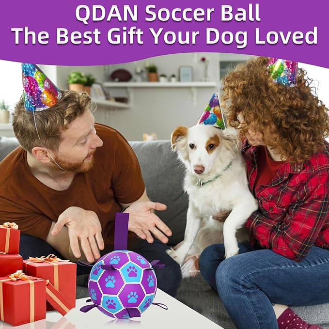 QDAN Dog Ropes Toys Soccer Ball with Straps, Puppy Birthday Gifts, Tug of Toy, Water Toy, Durable Balls for Dogs, Medium Small Breed, 6 Inch