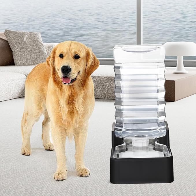RIZZARI Stainless Steel Pet Water Feeder: 9.5L Black Automatic Leak-Proof Gravity Dispenser - Without Filter - for Senior 40-60 LB Dogs with Joint Spine Issues -Garage Living Room