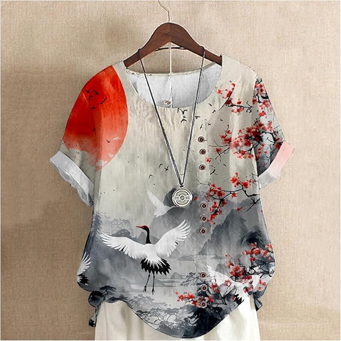 Japanese Print Women Summer Shirts Flower Bird Graphic Plus Size Tunic Tops Crewneck Short Sleeve Blouses