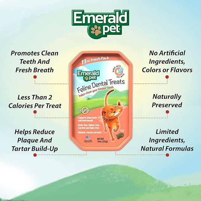 Feline Dental Treats — Tasty and Crunchy Cat Dental Treats Grain Free — Natural Dental Treats to Clean Cat Teeth, Freshen Cat Breath, and Reduce Plaque and Tartar Buildup — Salmon Treats, 11 oz