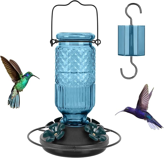 FEED GARDEN Glass Hummingbird Feeder for Outdoors Hanging, 16 OZ Humming Birds Feeders with 4 Bee Guard Feeding Ports & Built-in Ant Moat, Hummingbird Gifts for Mom, Bird Feeder for Outside, Blue