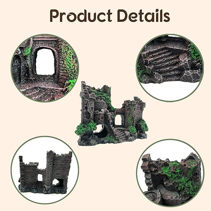 5 PCS Tank Accessories for Bearded Dragon Include Resin Classical Castle Reptile Climb Habitat Decor Hanging Jungle Vines Flexible Leaves Climbing Decor for Lizard Gecko Chameleon Spider