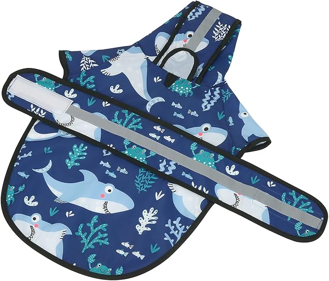 HDE Dog Raincoat Jacket Reflective Adjustable Hooded Pet Poncho Rain Coat with Leash Hole for Small to X-Large Dogs Sharks - L