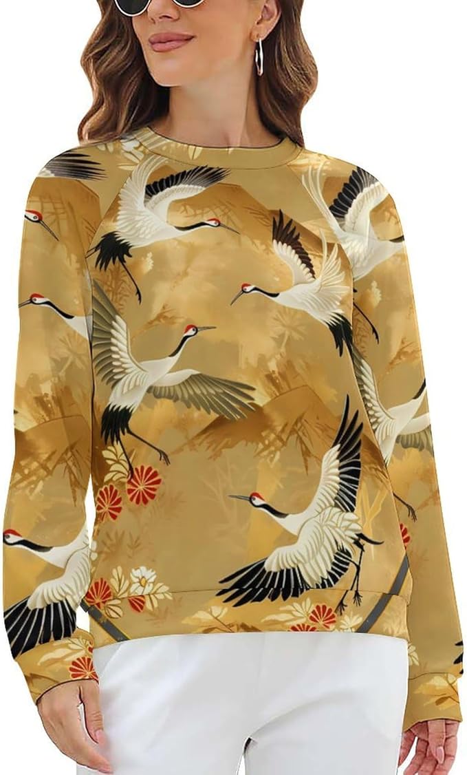 Womens Long Sleeve Tops Y2k Japanese Art Print Sweatshirts Fall Pullover for Women Crewneck Vintage Shirts Boho Tops