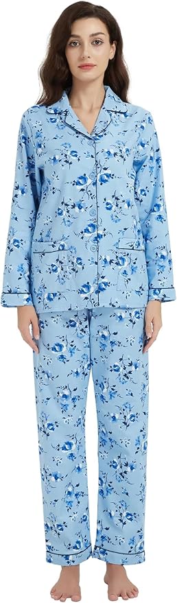 GLOBAL Flannel Pajamas for Women 2-Piece Comfy and Cozy Flannel Pj Set Cotton Loungwear