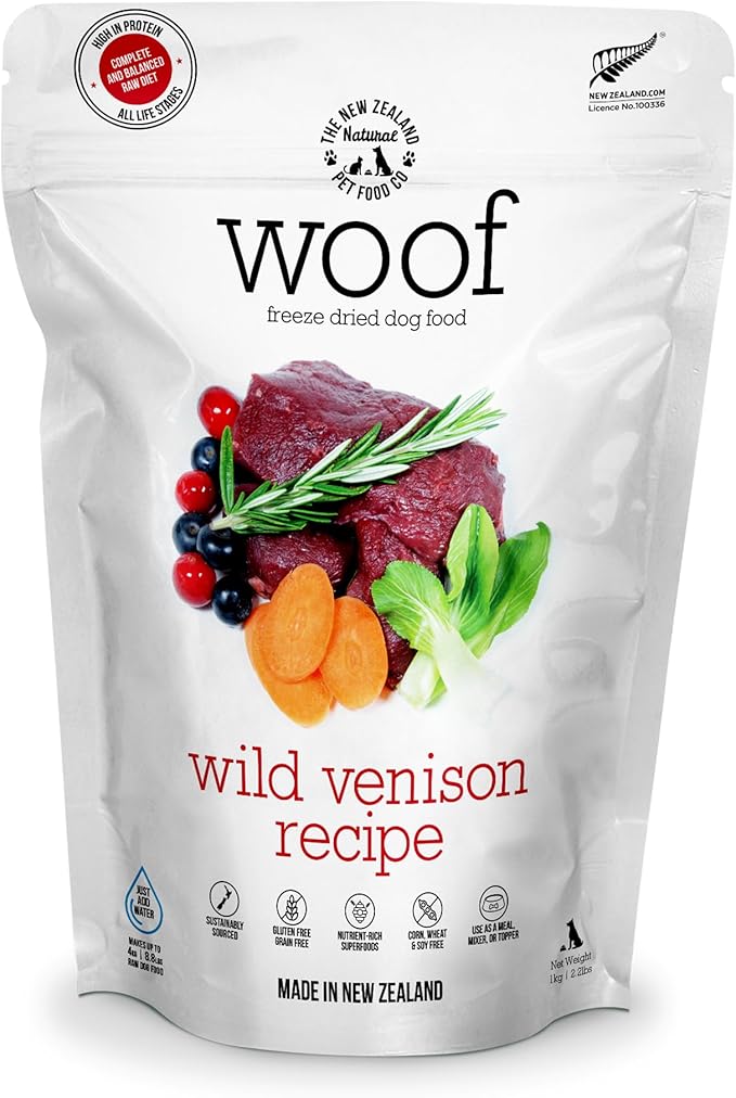 The New Zealand Natural Pet Food Co WOOF Freeze Dried Dog Food - Wild Venison Recipe,High Protein Dog Food Toppers, Freeze Dried Meals & Treats,2.2 lb