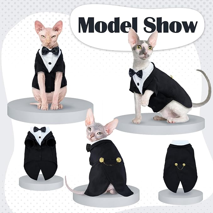 QBLEEV Cat Tuxedo Suit, Cat Halloween Costumes for Cats Only, Sphynx Cat Tuxedo Outfit Costume with Bow Tie, Kitten Formal Attire Wedding Birthday Onesie Clothes for Male Girl Hairless Cats