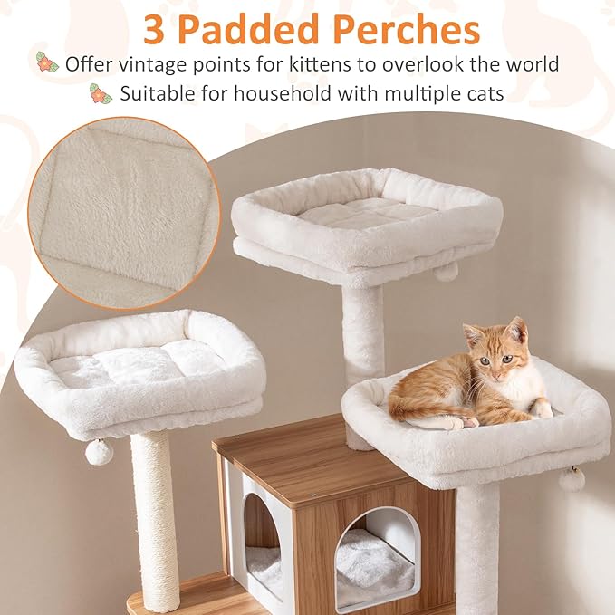 PETSITE 68 Inch Modern Tall Cat Tree for Indoor Cats, Multi-Level Wooden Cat Tree Tower with Sisal Scratching Posts, 3 Top Perches, Cat Condo, Comfy Hammock, Sisal Ramp, and Jingling Balls