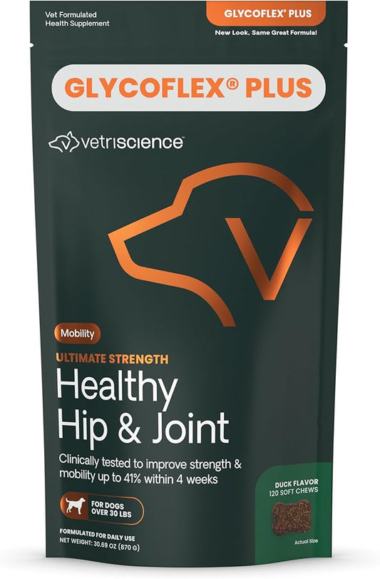 VetriScience Ultimate Strength Healthy Hip & Joint Chews, GlycoFlex Glucosamine, Chondroitin and Green-Lipped Mussel Joint Support Supplement for Dogs, Soothe Joint Discomfort, Duck, 120 Count