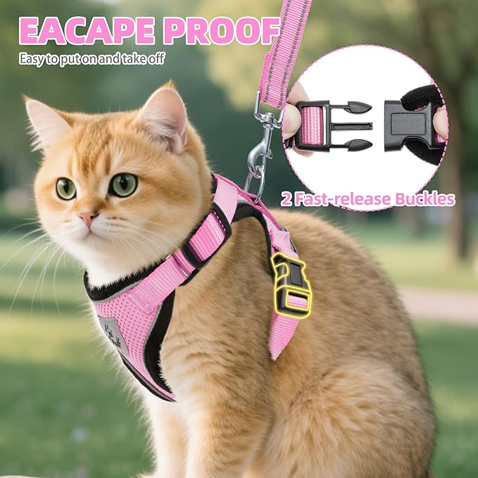 PUPTECK Cat Harness and Leash Set Escape Proof Reflective Cat Walking Harness Adjustable Soft Breathable Mesh Vest for Small Pets, Light Pink, M