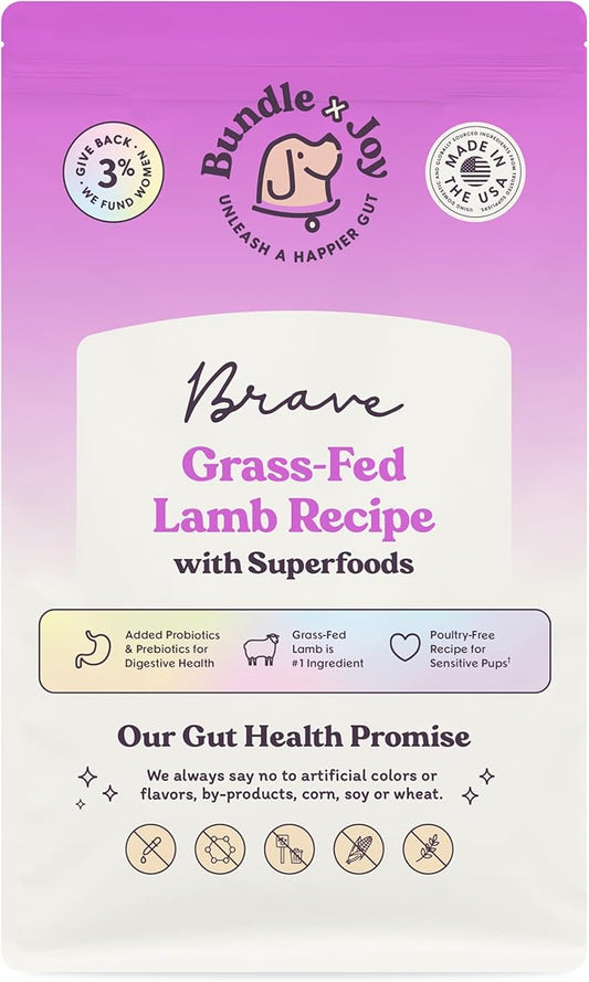 Brave Probiotic Dog Food Dry, Lamb, 4lb Bag, Allergy and Gut-Friendly Adult Kibble for Digestive Health with Grass-Fed Lamb, 20 Plant Based Superfoods, Poultry and Grain Free