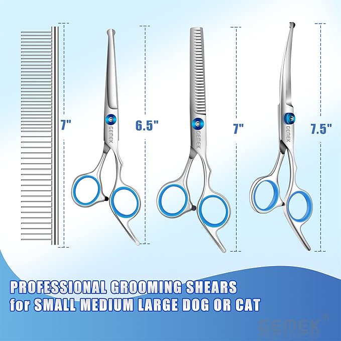 GEMEK Professional 5 in 1 Dog Grooming Scissors Set with Safety Round Tips, Sharp and Heavy-duty Pet Grooming Shears for Cats (Blue)