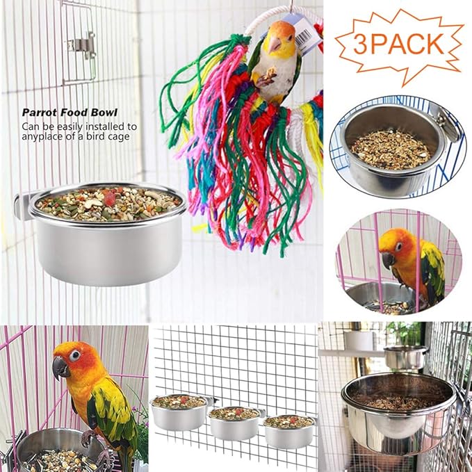 PINVNBY Bird Feeding Dish Cups,5.5x2.0 Inches Parrot Stainless Steel Food Water Dish Perch Stand Platform Paw Grinding Toy Feeder Cage Bowl with Clamp Holder for Budgies Parakeet Macaw(5 Pack L)