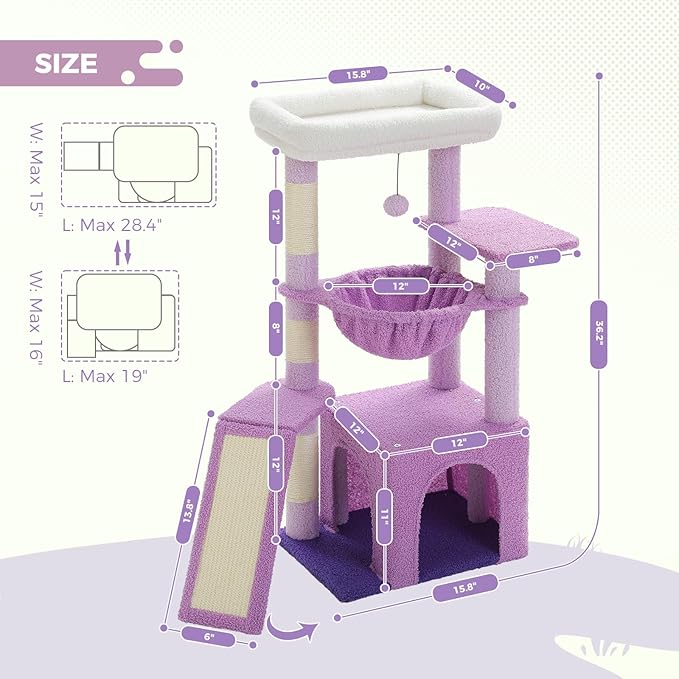 PEQULTI 36.5'' Cat Tree for Indoor Cats, Small Cat Tower with Large Cat Condo, Scratching Posts, Cozy Hammock and Scratching Ladder for Kittens, Purple