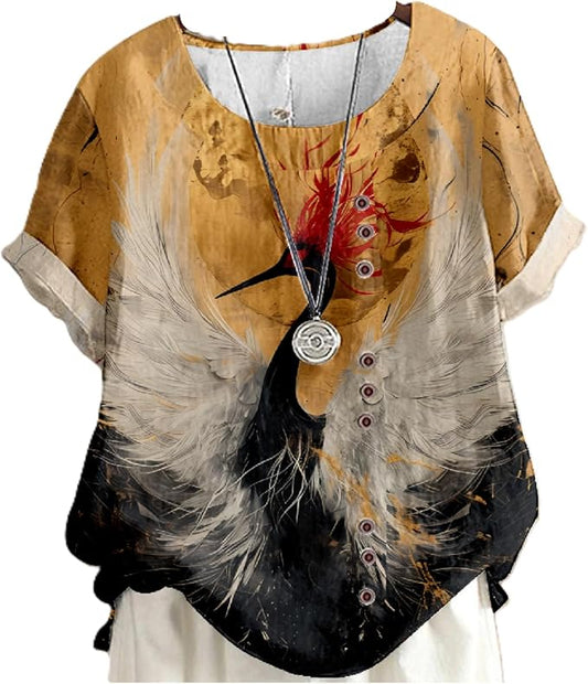 Japanese Print Women Summer Shirts Flower Bird Graphic Plus Size Tunic Tops Crewneck Short Sleeve Blouses