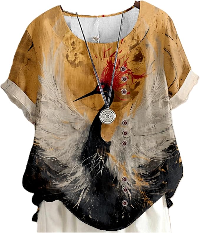 Japanese Print Women Summer Shirts Flower Bird Graphic Plus Size Tunic Tops Crewneck Short Sleeve Blouses