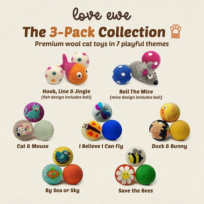 Hustle & Blush Wool Felt Balls - 3 Pack Love Ewe Pet Supplies – 2in Colorful & Durable Cat Toys Handmade from New Zealand, Ideal for Indoor Play and Mental Stimulation – Flower & Bee Design