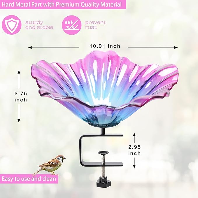 MUMTOP Deck Mounted Bird Baths for Outdoors, Glass Bird Baths Bowl with Adjustable Sturdy Steel Fence Clamp for Garden Patio Lawn Yard Deck Balcony Railing, Purple