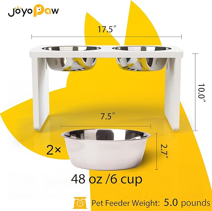 Elevated Dog Bowls, HIPS Raised Dog Bowl for Large Dogs & Medium Dogs, with 2 Stainless Steel Bowls (10'' Tall–48 oz Bowl, White)