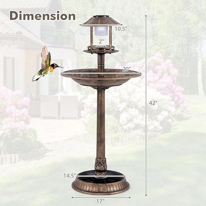 LDAILY Outdoor Bird Bath, 42’’ Solar Lighted Pedestal Birdbaths with Bird Feeder ,20’’ Water Bowl, Flower Planters and 3 Stakes, Attract Birds Antique Bird Bath for Outside Garden, Yard (Bronze, 42‘’)