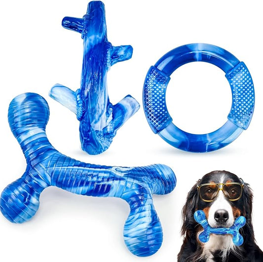 3Pack Dog Toys for Aggressive Chewers Dog Chew Toy Tough Dog Toys to Keep Them Busy Bacon Flavor Teething Chew Toys & Dental Health for Large Medium Small Breeds (Blue)