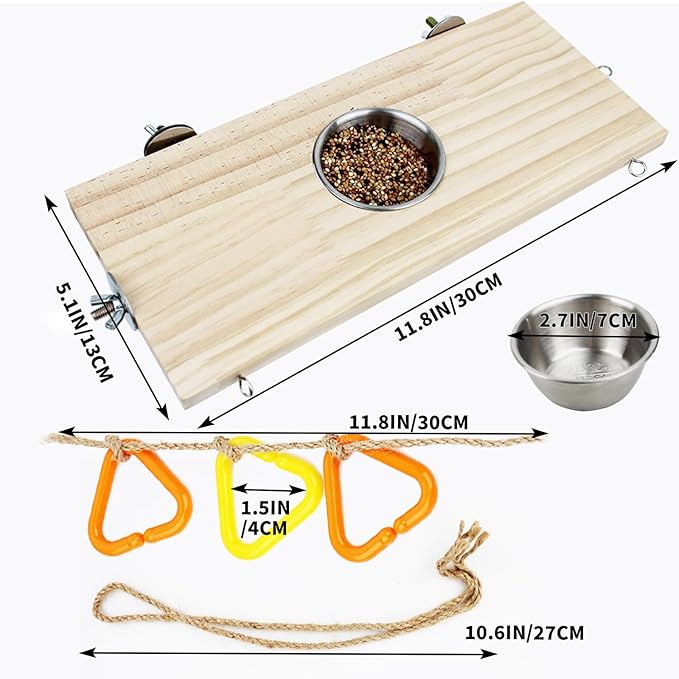 FlidRunest 2 Pack Bird Perch Bird Feeding Cup Parrot Wood Perch Stand Toy Bird Cage Accessory for Parakeet Lovebird Conure Budgie Canary Finch Small Parrots 11.8x5.1 Inches