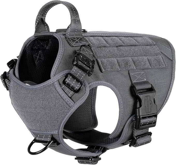 ICEFANG Tactical Dog Harness, Medium Size,2X Metal Buckle,Working Dog MOLLE Vest with Handle,No Pulling Front Leash Clip,Hook and Loop Panel (Grey,M (Pack of 1))