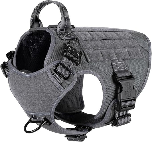 ICEFANG Tactical Dog Harness, Medium Size,2X Metal Buckle,Working Dog MOLLE Vest with Handle,No Pulling Front Leash Clip,Hook and Loop Panel (Grey,M (Pack of 1))