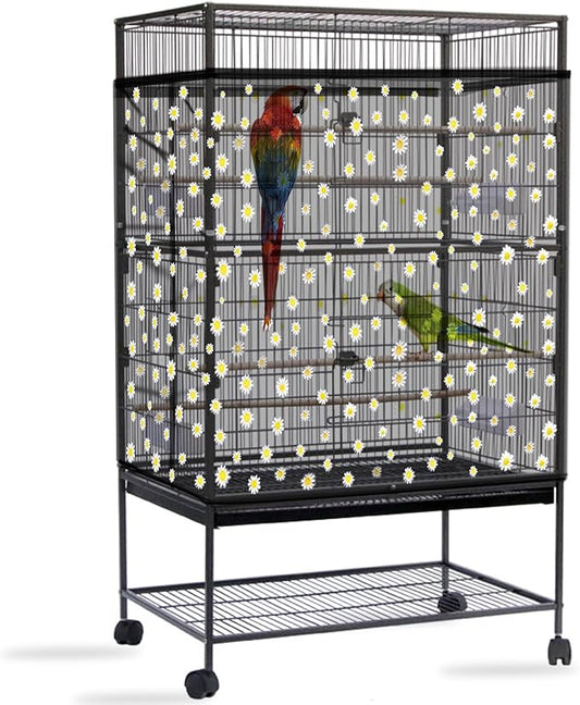 Daoeny Bird Cage Seed Catcher, Large Bird Cage Cover, Adjustable Soft Airy Nylon Mesh Net, Birdcage Cover Skirt Seed Guard for Parrot Parakeet Macaw African Round Square Cages (Black, Daisy Design)