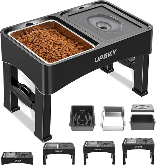 UPSKY 3-in-1 Elevated Dog Bowls Slow Feeder, Adjustable Stand, Stainless Steel Food & No Spill Pet Water Bowl for Small Medium Dogs