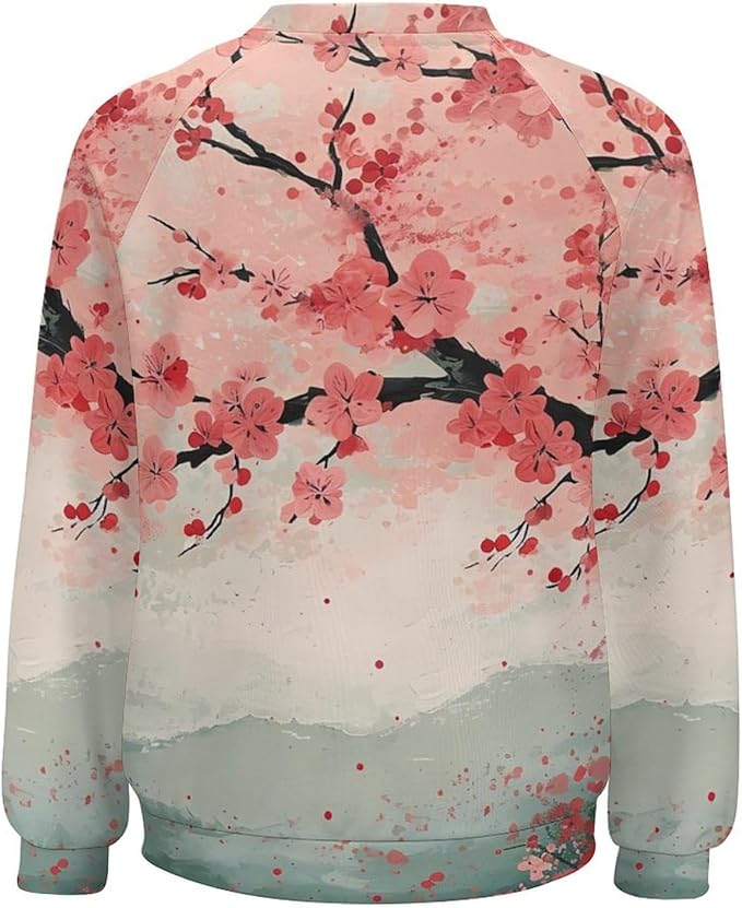 Womens Long Sleeve Tops Y2k Japanese Art Print Sweatshirts Fall Pullover for Women Crewneck Vintage Shirts Boho Tops