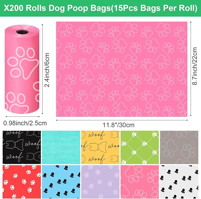 Thenshop 3000 Counts 200 Rolls Dog Poop Bag Plastic Dog Waste Bags Disposable For Doggie Pets Poop Outdoor Walking Travel Mixed Colors(Lovely Style)