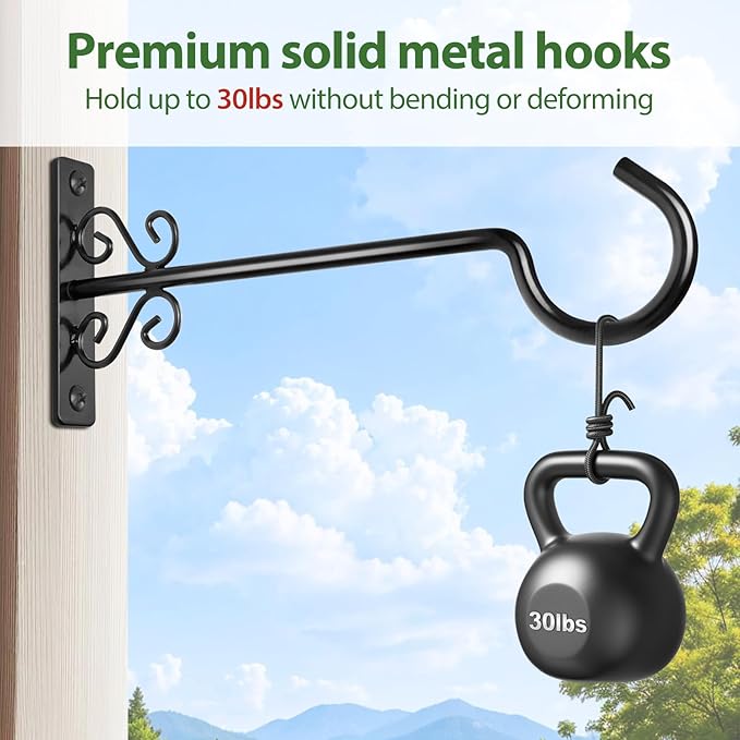 BOLITE Plant Hangers, 12 Inch Hanging Plant Brackets Outdoor or Indoor, Wall Hooks for Hanging Hummingbird Feeders, Bird Feeders, Planters, Lanterns, Wind Chimes, String Lights, 2 Pack, Black