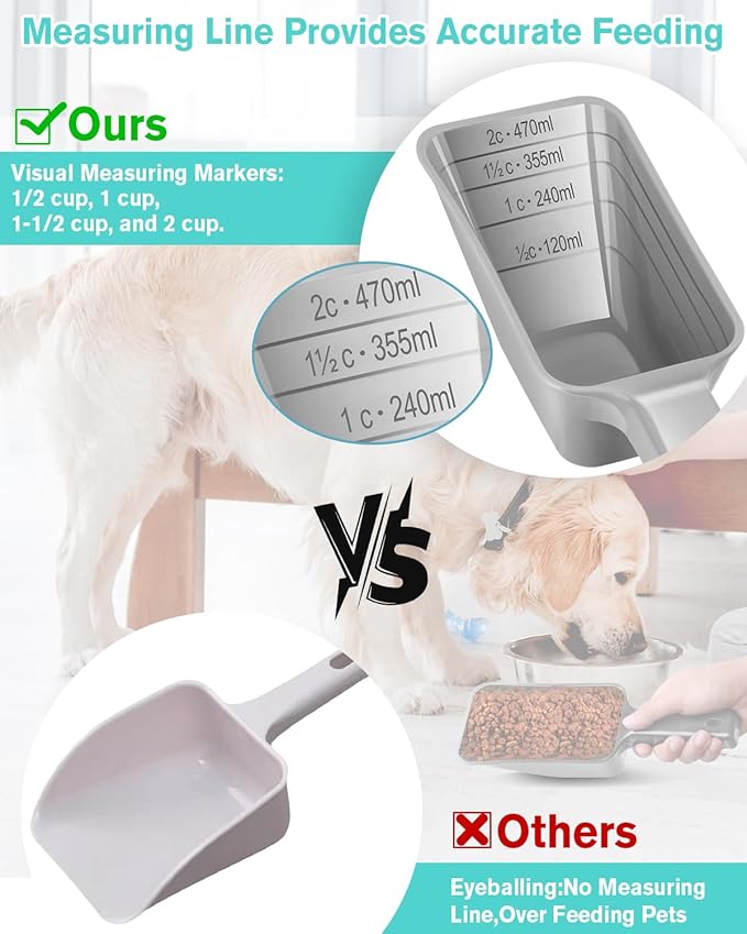 2 Cup Dog Food Scoop(2 Pack), Plastic Pet Food Scoop with Measuring Lines for Accurate Pet Food Portions,Dishwasher Safe (Gray)