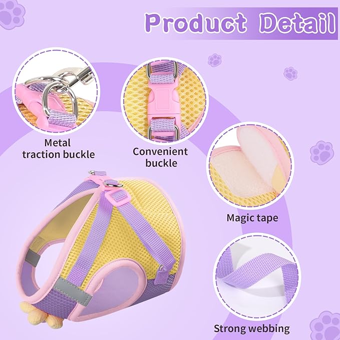 Cat Harness and Leash Set for Walking Escape Proof, Adjustable Kitten Harness Breathable Mesh with Reflective Strips Harness with Flower for Kitty Puppy Bunny Purple XS