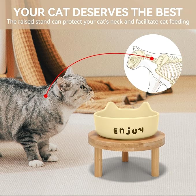 3PCS Elevated Cat Bowls,Wide Raised Ceramic Pet Dishes with Bamboo Stand, Whisker Friendly Pet Water or Food Plates Feeding Station for Indoor Small Dogs, Kitten (Yellow+White)