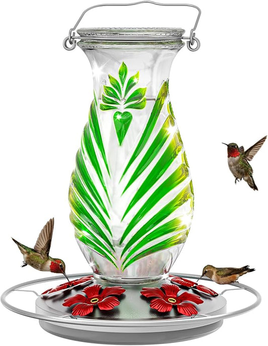 Hummingbird Feeder for Outdoors, 24oz Glass Nectar Feeder with Perch & 5 Flower Feeding Ports, Leakproof Hanging Bird Feeder for Garden Yard Decor, Outside Gifts for Women & Mom, Spring Green