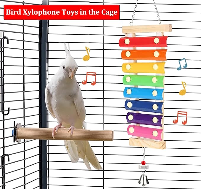 Large Parrot Suspensible Xylophone Toy, Multicolored Natural Wooden Bird Chewing Toys with Grinding Stone for Large, Medium Birds, Macaws, African Grey, Cockatoos, Amazon