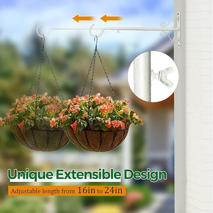 BOLITE Bird Feeder Hanger(16 to 24 Inch), Adjustable Hanging Plant Bracket, Wall Hooks for Hanging Bird Feeders, Planters, Lanterns, Wind Chimes, String Lights, 2 Pack, White