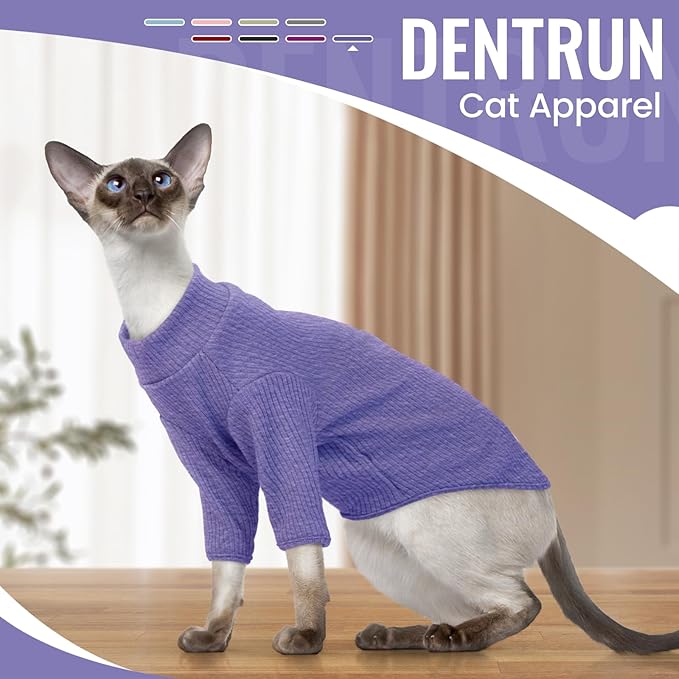 DENTRUN Sphynx Hairless Cats Shirt Pullover Kitten T-Shirts, Breathable Cat Wear Turtleneck Sweater Adorable Cat's Clothes Vest Pajamas Jumpsuit