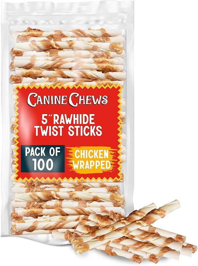 Canine Chews Chicken-Wrapped Rawhide Twists for Dogs - Pack of 100 U.S.A. Sourced Chicken Wrapped Rawhide Dog Treats, Sticks for Dogs - Premium & Natural Beefhide Chews