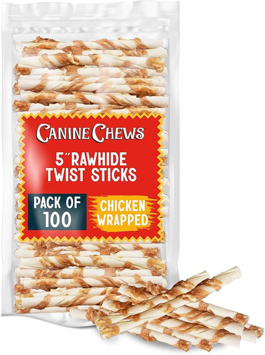 Canine Chews Chicken-Wrapped Rawhide Twists for Dogs - Pack of 100 U.S.A. Sourced Chicken Wrapped Rawhide Dog Treats, Sticks for Dogs - Premium & Natural Beefhide Chews