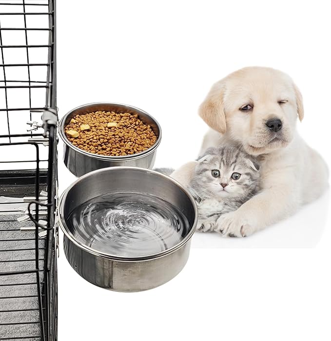 Hamiledyi 2 Pcs Dog Crate Bowl Stainless Steel Puppy Bowls Durable Spill-Proof Pet Water Bowl Hanging Water/Food Metal Bowls for Puppy Medium-Sized Dogs Cats (4.7" x 2" & 6.3" x 2.3")